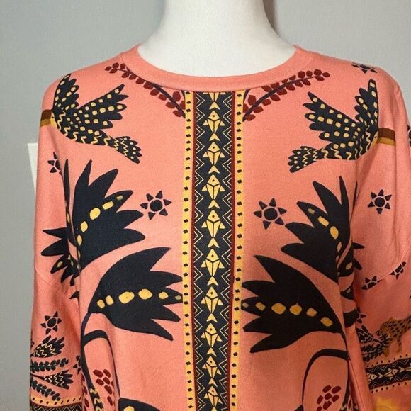 Farm Rio Anthropologie Printed Shift Mini Dress bell sleeves oversized pink comb - Picture 4 of 15